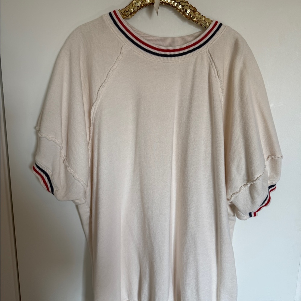 Free People Cream Short Sleeve Pullover with Red & Navy Stripe Trim